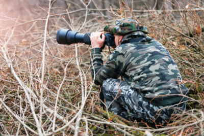 Photographer wearing camouflage gear and holding a camera