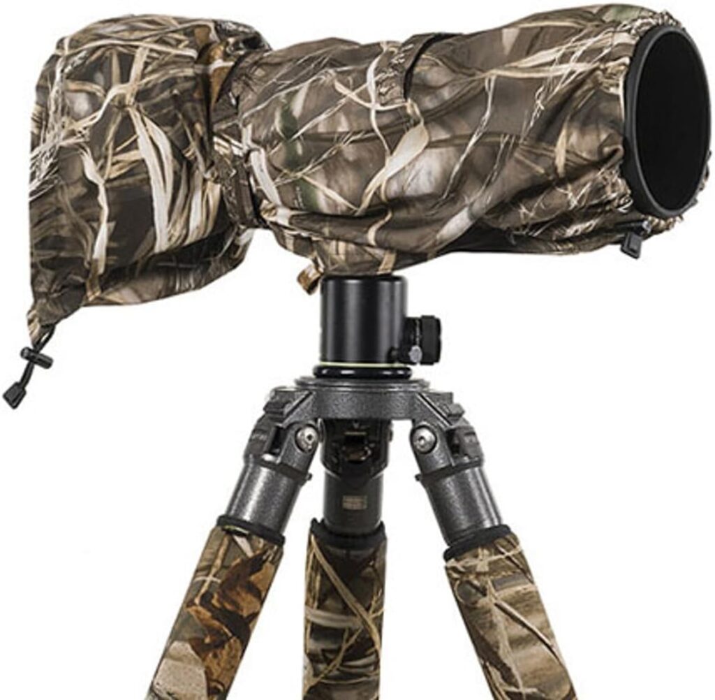 LensCoat camouflage rain cover protecting telephoto lens and tripod in the field